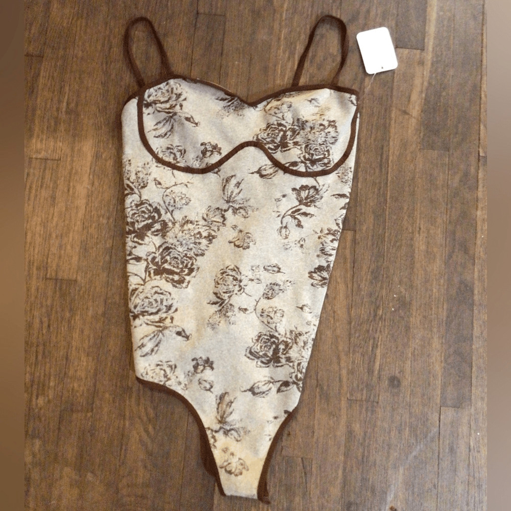 NEW! Free People Floral Print Bodysuit - Cream and Brown
